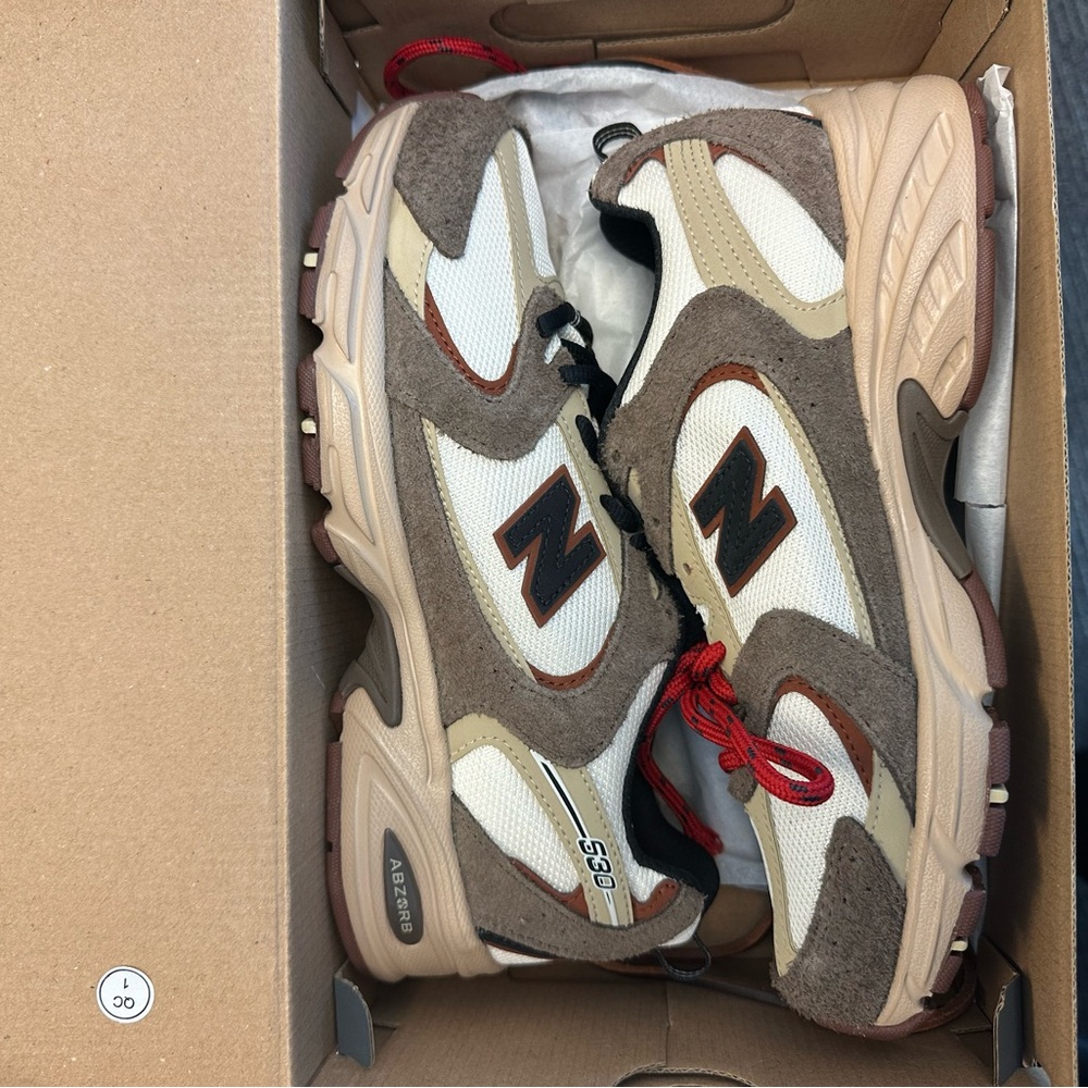 New Balance Brown Tan Cream Mesh Suede Sneakers with Red Laces